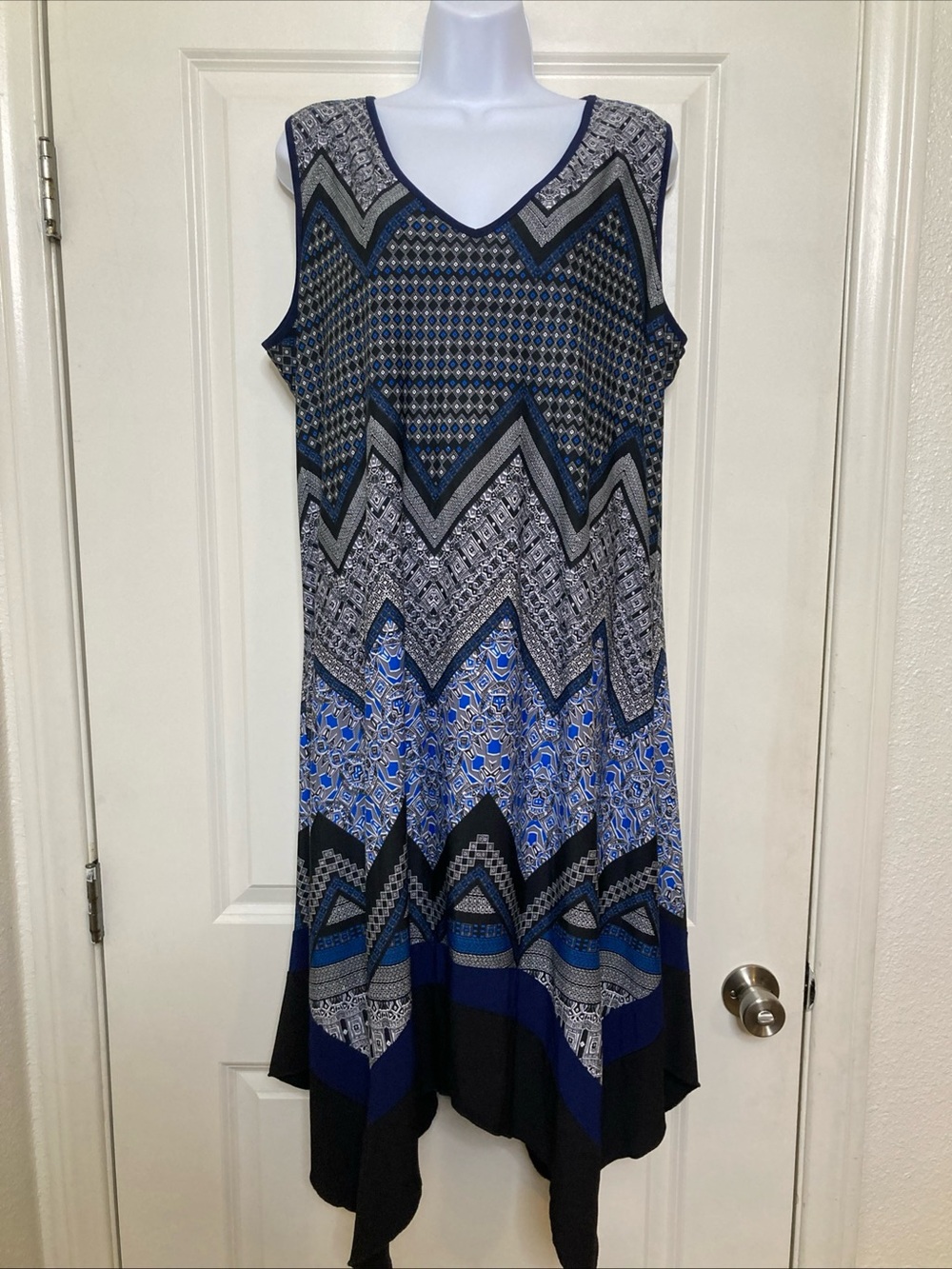 PerSeption Dress Asymmetrical Boho Handkerchief Patchwork Blue Geometric 2X